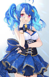 Rule 34 | 1girl, ahoge, alive musix, blue bow, blue bowtie, blue hair, bow, bowtie, bracelet, breasts, cleavage, commentary request, cowboy shot, cross-laced clothes, crown hair ornament, dress, eyebrows hidden by hair, fingerless gloves, gloves, gradient background, hair between eyes, hand on own face, heart, heart ahoge, highres, idol clothes, jewelry, layered dress, light blue hair, mair (alive musix), medium breasts, multicolored hair, nail polish, polka dot, red eyes, single fingerless glove, sleeveless, sleeveless dress, solo, star (symbol), toromera, twintails, two-tone hair, virtual youtuber, white background