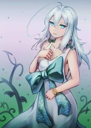 Rule 34 | 1girl, bow, dress, flower, highres, jewelry, long hair, looking at viewer, nier, nier (series), open mouth, smile, solo, waist bow, white dress, white hair, yonah, zeq3