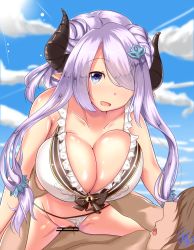 Rule 34 | 10s, 1boy, 1girl, bikini, bikini bottom aside, blue eyes, blush, breasts, censored, cleavage, clothing aside, collarbone, cow girl, cow horns, cowgirl position, gran (granblue fantasy), granblue fantasy, hair ornament, hair over one eye, hairclip, happy, happy sex, heart, heart-shaped pupils, hetero, highres, horns, huge breasts, kona matsu, long hair, narmaya (granblue fantasy), open mouth, outdoors, penis, pointy ears, purple hair, pussy, sex, sitting, sitting on person, sky, smile, straddling, summer, swimsuit, symbol-shaped pupils, vaginal, white bikini