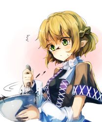 Rule 34 | 1girl, arm warmers, bad id, bad twitter id, blonde hair, blush, bowl, braid, chocolate, food, food on face, gradient background, green eyes, highres, looking down, mixing bowl, mizuhashi parsee, pointy ears, scarf, shirt, short hair, short sleeves, solo, suminagashi, sweatdrop, touhou, upper body, vest, whisk