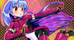 Rule 34 | 1girl, absurdres, blue hair, blush, bodysuit, boots, breasts, commentary request, floating hair, gloves, highres, kula diamond, long hair, looking to the side, medium breasts, multicolored hair, nangong (skarndrnjs), onono imoko, onono imoko (style), outstretched arm, purple hair, red eyes, solo, the king of fighters, two-tone hair, zipper