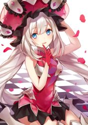 Rule 34 | 1girl, arm up, bare shoulders, blue eyes, breasts, checkered floor, dress, fate/grand order, fate (series), gloves, hat, long hair, looking at viewer, marie antoinette (fate), medium breasts, parted lips, petals, red gloves, silver hair, sitting, sleeveless, sleeveless dress, smile, solo, very long hair, yuzuki karu