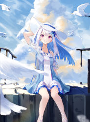 Rule 34 | 1girl, absurdres, arm up, bird, blue ribbon, closed mouth, cloud, collarbone, cumulonimbus cloud, day, floating hair, hair ornament, hat, hat ribbon, highres, lize helesta, long hair, looking at viewer, nijisanji, outdoors, red eyes, rei (farta litia), ribbon, short sleeves, silver hair, sitting, smile, solo, very long hair, virtual youtuber, white hat
