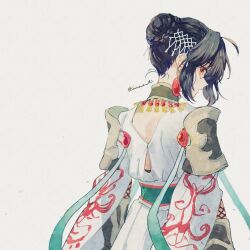 Rule 34 | 1other, ahoge, androgynous, armor, black hair, braid, braided bun, dress, earrings, fate/samurai remnant, fate (series), from behind, gauntlets, hair bun, hair intakes, imomushi, japanese clothes, jewelry, looking at viewer, magatama, magatama earrings, necklace, official alternate costume, official alternate hairstyle, orange eyes, yamato takeru (fate), shoulder armor, simple background, single hair bun
