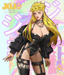 Rule 34 | 1girl, black jacket, black leotard, black thighhighs, blonde hair, blue eyes, bondage outfit, bracelet, breasts, chain, character name, cleavage, copyright name, cross, curly hair, earrings, female focus, garter straps, genderswap, genderswap (mtf), giorno giovanna, greek cross, highleg, highleg leotard, jacket, jewelry, jojo no kimyou na bouken, large breasts, leaning to the side, leather, leather jacket, leotard, long hair, long sleeves, looking at viewer, nail polish, necklace, open clothes, open jacket, orange nails, pearl bracelet, red lips, solo, standing, strap, thigh strap, thighhighs, veela, vento aureo