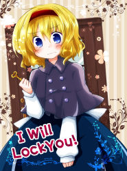 Rule 34 | 1girl, alice margatroid, blonde hair, blue eyes, blush, capelet, cover, cover page, english text, futami yayoi, hairband, highres, key, solo, touhou, wavy mouth