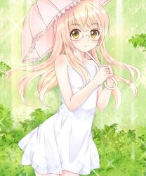 Rule 34 | 1girl, alternate costume, bare shoulders, blonde hair, blush, breasts, collarbone, dress, eyebrows, glasses, light, light rays, long hair, looking at viewer, open mouth, outdoors, perrine h. clostermann, plant, shiny skin, sleeveless, sleeveless dress, small breasts, solo, sparkle, strike witches, sundress, umbrella, white dress, world witches series, yellow eyes, yuni (seifuku-san)