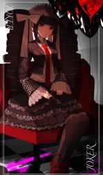 Rule 34 | 1girl, 5 106y, absurdres, bad id, bad pixiv id, black hair, black nails, blood, bonnet, card, celestia ludenberg, chair, checkered floor, claw ring, danganronpa: trigger happy havoc, danganronpa (series), drill hair, earrings, frills, gothic lolita, highres, jewelry, joker (playing card), lace, lace-trimmed skirt, lace trim, layered skirt, lolita fashion, long hair, long sleeves, looking at viewer, nail polish, necktie, pink blood, playing card, red eyes, sitting, skirt, smile, solo, twin drills, twintails