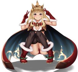 Rule 34 | 10s, 1girl, ankle boots, armor, arms up, ass, bell, bikini armor, black thighhighs, blonde hair, blunt bangs, blush, boots, bow, breasts, cagliostro (granblue fantasy), cape, cleavage, double v, full body, fur cape, fur trim, granblue fantasy, hairband, hakuduki18, highres, knees together feet apart, long hair, looking at viewer, panties, pink hair, red bow, red cape, red footwear, red panties, shade, sidelocks, simple background, sleeveless, small breasts, solo, spiked hairband, spikes, squatting, thighhighs, underwear, v, white background
