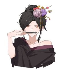 Rule 34 | 1girl, black hair, black kimono, bright pupils, chinese commentary, commentary request, covered mouth, cropped torso, flower, hair flower, hair ornament, hair stick, hair up, hand fan, hand up, highres, holding, holding fan, japanese clothes, kimono, looking at viewer, molu stranger, nijisanji, orange eyes, pink flower, purple flower, shirayuki tomoe, single bare shoulder, single off shoulder, solo, upper body, virtual youtuber, white background, white pupils