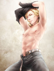 Rule 34 | 10s, 1boy, abs, barnaby brooks jr., blonde hair, green eyes, highres, male focus, solo, tiger &amp; bunny, undressing, v-sil