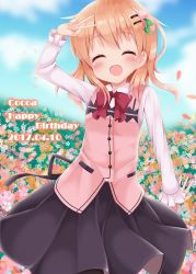 Rule 34 | 1girl, arm up, black legwear, black skirt, blue sky, blush, bow, bowtie, breasts, buttons, character name, closed eyes, cloud, collared shirt, commentary request, cowboy shot, dated, day, english text, flower, gochuumon wa usagi desu ka?, hair ornament, hairclip, happy birthday, highres, hoto cocoa, long hair, long sleeves, minato ojitan, open mouth, orange hair, outdoors, petals, pink vest, rabbit house uniform, red bow, red bowtie, shirt, skirt, sky, small breasts, smile, solo, standing, v, vest, white shirt, wind, wing collar