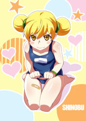 Rule 34 | 1girl, bad id, bad pixiv id, barefoot, blush stickers, character name, double bun, fang, fang out, gesugesu ahoaho, hair between eyes, hair bun, lifting own clothes, looking at viewer, monogatari (series), one-piece swimsuit, oshino shinobu, ponytail, ringed eyes, school swimsuit, seiza, sitting, smile, solo, swimsuit, yellow eyes