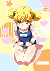 1girl bad_id bad_pixiv_id barefoot blush_stickers bracelet character_name double_bun fang fang_out female_focus gesugesu_ahoaho hair_between_eyes hair_bun jewelry lifting_own_clothes looking_at_viewer monogatari_(series) one-piece_swimsuit oshino_shinobu ponytail ringed_eyes school_swimsuit seiza sitting smile solo swimsuit yellow_eyes