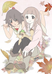 2girls :o animal artist_name barefoot black_hair black_thighhighs boots dated ebisugawa_kaisei falling_leaves frog grey_boots grey_hair jewelry leaf long_hair morishima_noriko multiple_girls necklace open_mouth petting seiran_(uchouten_kazoku) shimogamo_yajirou shimogamo_yasaburou short_hair shorts signature smile sweater tanuki thighhighs uchouten_kazoku