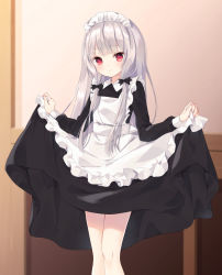 Rule 34 | 1girl, alternate costume, apron, black dress, blush, closed mouth, clothes lift, commentary request, commission, dress, dress lift, enmaided, feet out of frame, frilled apron, frills, indoors, lifted by self, long hair, long sleeves, looking at viewer, maid, maid apron, maid headdress, purin jiisan, red eyes, sidelocks, silver hair, skeb commission, solo, sophie twilight, standing, tonari no kyuuketsuki-san, very long hair, white apron