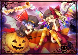 Rule 34 | 2girls, :d, ascot, bat wings, black headwear, black shirt, blue hair, border, chima q, commentary request, crystal, dress, fang, fang out, flandre scarlet, hair between eyes, halloween, hand on own cheek, hand on own face, hand up, happy halloween, hat, hat ribbon, highres, holding, jack-o&#039;-lantern, laevatein, looking at viewer, mary janes, mob cap, multiple girls, one side up, open mouth, orange legwear, orange skirt, panties, pantyshot, puffy short sleeves, puffy sleeves, red dress, red eyes, red footwear, red ribbon, remilia scarlet, ribbon, shirt, shoes, short dress, short hair, short sleeves, siblings, sisters, sitting, skirt, smile, striped clothes, striped legwear, striped thighhighs, thighhighs, touhou, underwear, wings, wrist cuffs, yellow ascot
