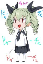 Rule 34 | 10s, 1girl, anchovy (girls und panzer), bad id, bad twitter id, cape, chibi, commentary, drill hair, girls und panzer, green hair, hair between eyes, hair ribbon, necktie, open mouth, pantyhose, pleated skirt, red eyes, ribbon, riding crop, shirt, sidelocks, sketch, skirt, smirk, solo, torichamaru, translation request, tsurime, twin drills, white background