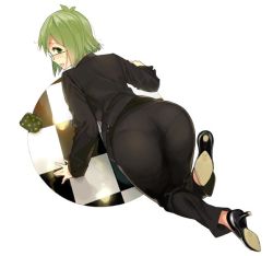 Rule 34 | 1girl, ass, business suit, chikurin (sasamori tomoe), coin purse, formal, from behind, glasses, green hair, high heels, jpeg artifacts, no socks, open mouth, original, pant suit, pants, pantylines, profile, sasamori tomoe, short hair, solo, suit