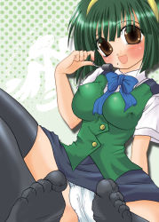 Rule 34 | 00s, 1girl, black thighhighs, blue bow, blue bowtie, bow, bowtie, breasts, brown eyes, covered erect nipples, green hair, idolmaster, idolmaster (classic), idolmaster 1, large breasts, mole, mole under mouth, otonashi kotori, panties, short hair, solo, thighhighs, underwear, white panties, yashahime (dolcevite)