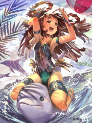 Rule 34 | 1girl, :d, anklet, arms up, bad id, bad pixiv id, ball, barefoot, beachball, brown eyes, brown hair, chousokabe motochika, chousokabe motochika (sengoku saga), copyright name, dolphin, highres, jewelry, jikan hakushaku, long hair, one-piece swimsuit, open mouth, sengoku saga, sitting, smile, solo, swimsuit, water