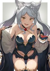 Rule 34 | 1girl, animal ears, bare shoulders, black leotard, blush, border, braid, braided bangs, breasts, cleavage, collarbone, erune, fraux, granblue fantasy, grey background, hinami (hinatamizu), hooded robe, leaning forward, leotard, long hair, long sleeves, looking at viewer, medium breasts, open clothes, open mouth, open robe, robe, silver hair, smile, solo, swept bangs, thighhighs, thighs, twintails, white border, yellow eyes