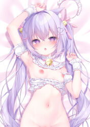 Rule 34 | animal ears, arm up, artist name, bell, blush, breasts, cat ears, cat girl, chestnut mouth, clothes pull, collar, crossed bangs, detached collar, detached sleeves, dress pull, frilled collar, frills, hair bell, hair ornament, hair ribbon, heart, heart-shaped pupils, highres, long hair, lying, momochi chia, navel, nipples, on back, original, puffy detached sleeves, puffy sleeves, purple eyes, purple hair, ribbon, small breasts, symbol-shaped pupils, twintails