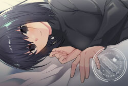 1girl black_eyes black_hair black_shirt breasts hirakawa kuonji_alice large_breasts lying mahou_tsukai_no_yoru on_bed on_side shirt short_hair solo upper_body watermark