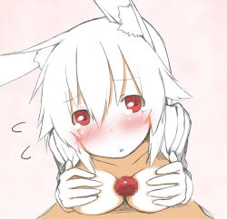 Rule 34 | 1girl, animal ears, blush, breasts, censored, face, graphite (medium), looking at viewer, looking up, majima yuki, medium breasts, mixed media, original, paizuri, partially colored, penis, pov, rabbit ears, red eyes, simple background, sketch, solo focus, tears, traditional media, white hair