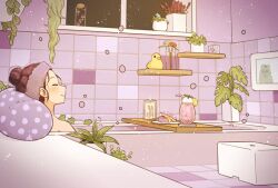 Rule 34 | 1girl, bathing, bathroom, bathtub, blush, brown hair, candle, closed eyes, closed mouth, drink, facing ahead, food, hair bun, indoors, jar, leaning back, matsumine (twin-mix), night, original, pastry, pillow, plant, plate, potted plant, profile, smile, solo, stool, tile floor, tile wall, tiles, towel, towel on head, tray, upper body, window