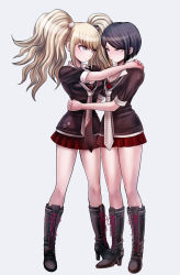 Rule 34 | 2girls, arms around neck, arms around waist, bear hair ornament, black hair, blonde hair, blush, boots, breasts, calf boots, cleavage, collared shirt, danganronpa: trigger happy havoc, danganronpa (series), enoshima junko, fake nails, freckles, full body, grey eyes, hair ornament, hands on another&#039;s hips, hands on another&#039;s shoulders, hands on another&#039;s waist, heeled boots, heels, hug, ikusaba mukuro, incest, large breasts, leather, leather boots, long hair, looking at another, matching outfits, medium breasts, medium hair, multiple girls, nail polish, necktie, parted bangs, plaid, plaid skirt, polka dot neckwear, red nails, red skirt, shirt, short sleeves, siblings, simple background, sisters, skirt, smile, twincest, twins, twintails, white background, white neckwear, yuri