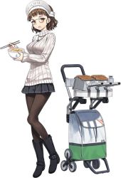 Rule 34 | 10s, 1girl, black footwear, boots, bowl, breasts, brown eyes, brown hair, carrying bag, chopsticks, food, full body, glasses, handle, hat, headdress, jewelry, jiji (aardvark), kantai collection, large breasts, long hair, necklace, official art, open mouth, oyakodon (food), pantyhose, ribbed sweater, roma (kancolle), short hair, skirt, solo, source request, standing, sweater, transparent background, turret, turtleneck, wheel