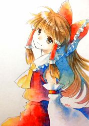 Rule 34 | 1girl, artist name, ascot, bow, brown eyes, brown hair, detached sleeves, frills, from side, hair bow, hair tubes, hakurei reimu, head tilt, highres, light smile, long hair, looking at viewer, mimi (ikrptppt), multicolored eyes, painting (medium), ponytail, red bow, red skirt, red vest, scan, signature, skirt, skirt set, solo, touhou, traditional media, vest, watercolor (medium), wide sleeves, yellow ascot