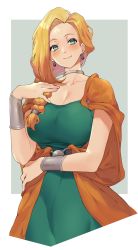 Rule 34 | 1girl, absurdres, bianca (dq5), blonde hair, blue eyes, blush, bracelet, braid, breasts, cape, choker, cleavage, collarbone, dragon quest, dragon quest v, earrings, hair over shoulder, highres, jewelry, large breasts, long hair, raxxx25 3, simple background, single braid, smile, solo, square enix