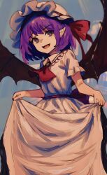 Rule 34 | 1girl, bat wings, bow, clothes lift, cloud, cloudy sky, commentary, dress, dress lift, fingernails, frilled hat, frills, hat, hat bow, highres, irumina777, jewelry, looking at viewer, mob cap, open mouth, outdoors, pendant, puffy short sleeves, puffy sleeves, purple hair, red bow, red eyes, remilia scarlet, ribbon-trimmed headwear, ribbon trim, shirt, short hair, short sleeves, sky, touhou, white dress, white hat, wings