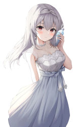 Rule 34 | 1girl, absurdres, arm behind back, armpit crease, blush, bottle, buttons, collarbone, dress, feet out of frame, frilled dress, frills, grey hair, grey ribbon, grey skirt, hair between eyes, hair intakes, highres, holding, holding bottle, idoly pride, light smile, long hair, looking at viewer, pluto (97dwnstjq), pocari sweat, red eyes, ribbon, shirt, simple background, skirt, solo, tendou rui, white background, white shirt