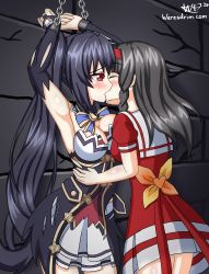 Rule 34 | 2girls, absurdres, asymmetrical docking, bdsm, black hair, bound, breast press, breasts, chain, closed eyes, dress, dungeon, female focus, femdom, forced kiss, hair ornament, hair ribbon, half-closed eyes, highres, k-sha, kiss, long hair, long twintails, medium breasts, multiple girls, neptune (series), noire (neptunia), rape, red eyes, restrained, ribbon, shiny skin, small breasts, tied up, twintails, weresdrim, yuri