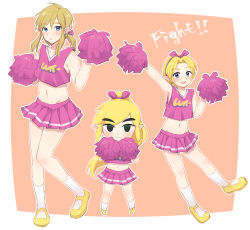 Rule 34 | 3boys, age difference, alternate costume, arm up, artist request, black eyes, blonde hair, blue eyes, blush, border, bow, cheerleader, cheerleader link, closed mouth, collarbone, crop top, crossdressing, earrings, eyebrows, full body, hair bow, highres, holding, holding pom poms, jewelry, link, looking at viewer, male focus, midriff, multiple boys, multiple persona, navel, nintendo, open mouth, outline, pink bow, pink skirt, pleated skirt, pointy ears, pom pom (cheerleading), pom poms, ponytail, sidelocks, size difference, skirt, sleeveless, smile, socks, the legend of zelda, the legend of zelda: breath of the wild, the legend of zelda: ocarina of time, the legend of zelda: tri force heroes, toon link, trap, v-neck, white outline, young link