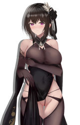 Rule 34 | 1girl, absurdres, arm under breasts, autumn boar, azur lane, bad id, bad pixiv id, bare shoulders, black dress, black flower, black gloves, black hair, black thighhighs, blush, breast hold, breasts, chen hai (azur lane), chen hai (vestibule of wonders) (azur lane), china dress, chinese clothes, closed mouth, clothes lift, commentary request, covered navel, cowboy shot, dress, elbow gloves, flower, gloves, hair flower, hair ornament, highres, large breasts, lifting own clothes, looking at viewer, official alternate costume, pelvic curtain, pelvic curtain lift, purple eyes, see-through, shadow, solo, standing, taut clothes, tearing up, thighhighs, thong