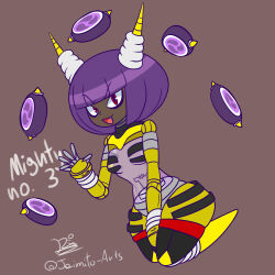 Rule 34 | 1girl, artist name, bad id, bad tumblr id, between legs, bob cut, breasts, brown background, character name, claws, commentary, dark-skinned female, dark skin, dynatron (mighty no. 9), english commentary, fang, full body, hand between legs, highres, horns, joints, light bulb, looking at viewer, medium breasts, mighty no. 9, mitsudomoe (shape), no cape, no feet, open mouth, purple hair, red eyes, robot, robot girl, robot joints, rojeitox, see-through body, short hair, signature, simple background, smile, solo, tomoe (symbol), v-shaped eyebrows, variant set, very dark skin, waving, yellow horns