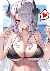 Rule 34 | 1girl, absurdres, bare shoulders, bikini, black bikini, black horns, blush, breasts, cleavage, collarbone, commentary request, grey hair, hair ornament, hair over one eye, hairclip, hands up, heart, highres, horn ornament, horns, kabi (zcwd8845), large breasts, long hair, looking at viewer, one eye covered, original, outdoors, red eyes, smile, solo, swimsuit, symbol-shaped pupils, underboob, upper body, x-shaped pupils