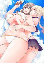 Rule 34 | 2girls, :p, absurdres, between legs, bikini, bikini skirt, black bikini, blonde hair, blue sky, breasts, brown hair, cameltoe, cloud, commentary request, day, food, grabbing, grabbing another&#039;s breast, groping, hand under clothes, highres, holding, holding food, ice cream, ice cream cone, large breasts, light rays, miya ur, multiple girls, navel, open mouth, original, outdoors, partial commentary, red eyes, sky, smile, sunbeam, sunlight, swimsuit, thigh strap, tongue, tongue out, twintails, underboob, white bikini, yellow eyes, yuri