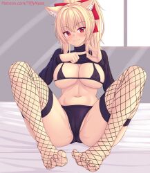 Rule 34 | 1girl, animal ears, bikini, black bikini, black thighhighs, blonde hair, blush, breasts, cat ears, cat girl, cleavage, closed mouth, clothes lift, commentary request, feet, fishnet thighhighs, fishnets, full body, hair ornament, highres, large breasts, legs, long hair, long sleeves, looking at viewer, navel, nottytiffy, original, patreon username, ponytail, red eyes, shirt lift, sitting, smile, solo, stomach, swimsuit, thighhighs, thighs, tiffy (nottytiffy), underboob