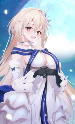 Rule 34 | 1girl, archetype earth, arcueid brunestud, bare shoulders, black gloves, blonde hair, blue skirt, blush, breasts, cleavage, detached collar, detached sleeves, dress, fate/grand order, fate (series), flower, fukiya (fumiakitoyama), full moon, gloves, hair flower, hair ornament, highres, large breasts, long hair, looking at viewer, moon, multicolored clothes, multicolored skirt, night, night sky, open mouth, red eyes, skirt, sky, smile, solo, tsukihime, very long hair, white dress