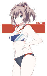 Rule 34 | 1girl, anchor symbol, bare arms, bare shoulders, blue eyes, brown hair, character name, closed mouth, clothes writing, collarbone, cowboy shot, groin, hair between eyes, hand on own hip, kantai collection, medium hair, messy hair, navel, ponytail, sheffield (kancolle), shigino sohuzi, solo, sportswear