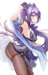 Rule 34 | 1girl, amatoh, ass, bare shoulders, blush, breasts, dress, genshin impact, gloves, hair ornament, highres, keqing (genshin impact), long hair, looking at the side, looking at viewer, pantyhose, purple eyes, purple hair, shiny skin, short dress, sideboob, skirt, solo, twintails, very long hair