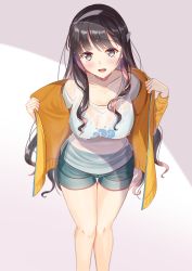 Rule 34 | 1girl, :d, absurdres, bare legs, black hair, black shorts, blue bra, blush, bra, breasts, cleavage, collarbone, commentary request, dripping, fang, feet out of frame, hairband, highres, jacket, kantai collection, large breasts, leaning forward, long sleeves, looking at viewer, multicolored hair, naganami (kancolle), naganami kai ni (kancolle), open clothes, open jacket, open mouth, orange jacket, purple eyes, purple hair, see-through, shirt, short shorts, shorts, smile, solo, standing, two-tone hair, underwear, undressing, water drop, wet, wet clothes, wet hair, wet shirt, white hairband, zuki