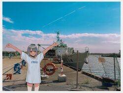 Rule 34 | 1girl, arms up, black choker, blue sky, blush, choker, cloud, dated commentary, day, dddd akagi, double v, grey eyes, grey hair, harbor, highres, japan coast guard, long shirt, original, outdoors, parted lips, photo background, ship, shirt, short sleeves, sky, smile, solo, t-shirt, v, water, watercraft