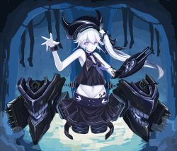 Rule 34 | 10s, 1girl, :o, absurdres, abyssal ship, amputee, arm cannon, bad id, bad pixiv id, bare shoulders, black serafuku, black skirt, chain, choker, colored skin, crop top, destroyer princess, double amputee, gradient background, groin, hat, highres, kantai collection, legs, long hair, miniskirt, navel, no panties, open mouth, pleated skirt, purple eyes, school uniform, serafuku, shirt, side ponytail, skirt, sleeveless, sleeveless shirt, solo, turret, vicious kage, weapon, white hair, white skin