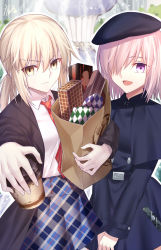 Rule 34 | 2girls, :d, artoria pendragon (all), artoria pendragon (fate), bag, beret, blonde hair, blue dress, blue hat, blue skirt, brown eyes, brown jacket, closed mouth, coffee cup, collared shirt, commentary request, cup, disposable cup, dress, fate/grand order, fate/stay night, fate (series), fingernails, gogatsu fukuin, hair between eyes, hair over one eye, hat, highres, holding, holding cup, hugging object, jacket, long hair, long sleeves, looking at viewer, low twintails, mash kyrielight, mash kyrielight (traveling outfit), mash kyrielight (traveling outfit) (fate), multiple girls, necktie, official alternate costume, open clothes, open jacket, open mouth, outstretched arm, own hands together, paper bag, pink hair, plaid, plaid neckwear, plaid skirt, pleated skirt, purple eyes, red neckwear, saber alter, saber alter (traveling outfit) (fate), shirt, shopping bag, skirt, smile, tilted headwear, twintails, v arms, white shirt